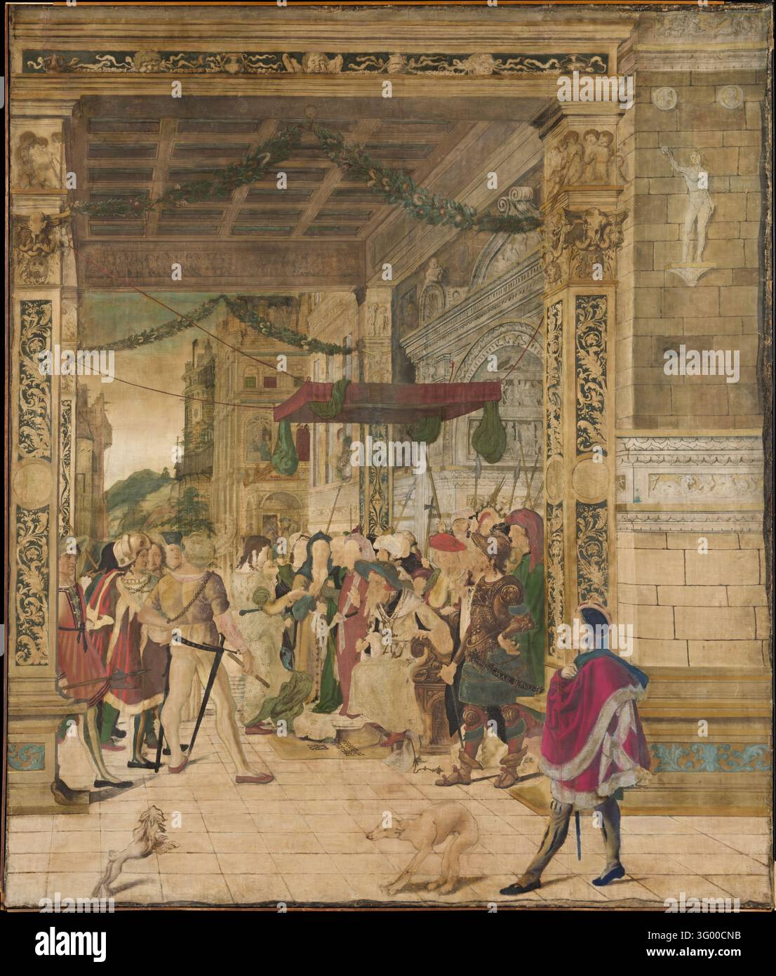Jörg Breu il Giovane – Giuseppe che interpreta i sogni del Faraone, ca. 1534–47. Un gruppo di persone, vestite con abiti storici elaborati, sono sedute e in piedi in una sala riccamente decorata con soffitti alti, travi di legno e stucchi intricati. Statue ed elementi decorativi adornano le pareti, mentre un grande camino ornato con un camino che mostra sculture ed emblemi domina una delle pareti. Foto Stock