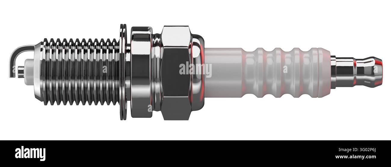 Candela di accensione, modello 3D. Pezzo di accensione automobilistica, componente motore in acciaio. Ingegneria, tecnologia del motore a combustione interna, manutenzione auto, candela auto Foto Stock