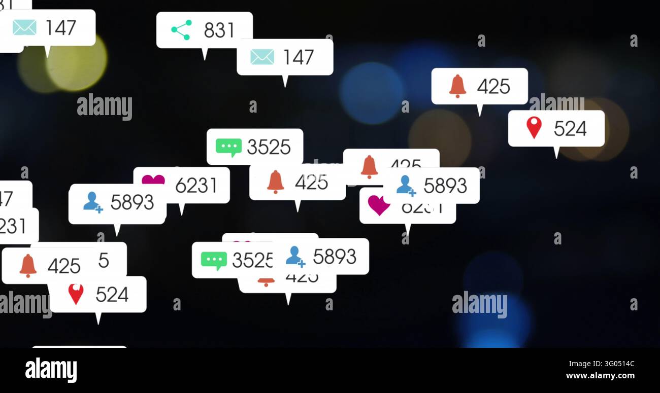 Bolle di notifica bianche che fluttuano su uno sfondo scuro con luci colorate sfocate, spazio per il testo. Social media, app, avvisi, messaggi, coinvolgimento, connessione Foto Stock