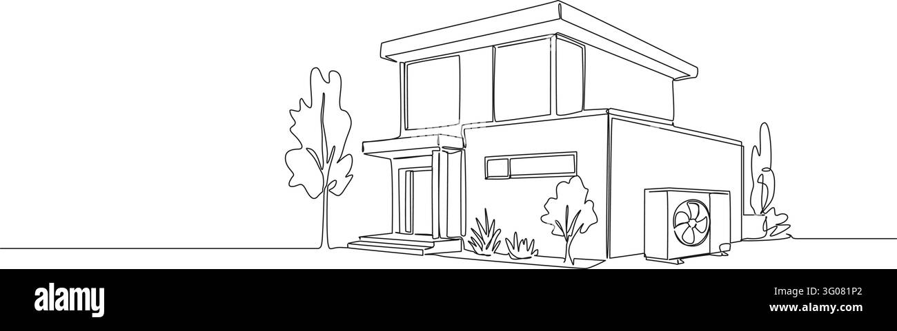 disegno a linea continua di una casa moderna con un'unità di pompa di calore esterna, illustrazione vettoriale in arte lineare Illustrazione Vettoriale