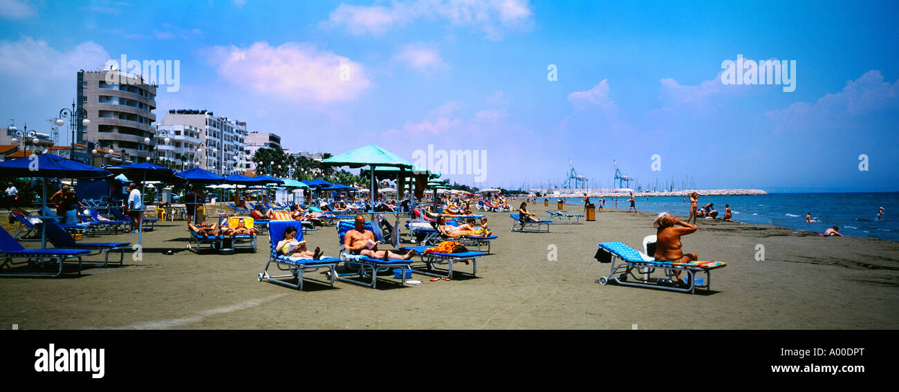 Limassol Cipro Beach Scene lucertole da mare sui lettini Foto Stock