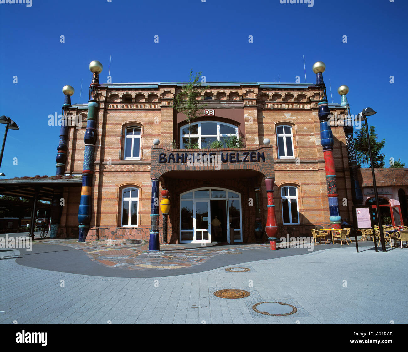 Hundertwasser-Bahnhof, Uelzener Bahnhof, Kultur- und Umweltbahnhof, Uelzen, Ilmenau, Uelzener Becken, Lueneburger Heide, Bassa Sassonia Foto Stock