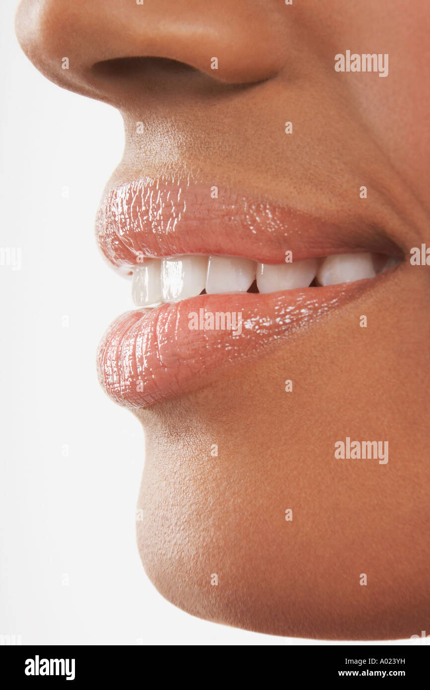 Donna di bocca, denti perfetti Foto Stock
