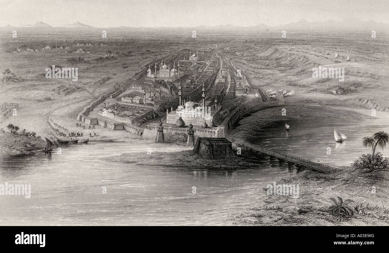 Vista panoramica su Nuova e Vecchia Delhi, India e la campagna circostante, da una stampa del 19th secolo. Foto Stock