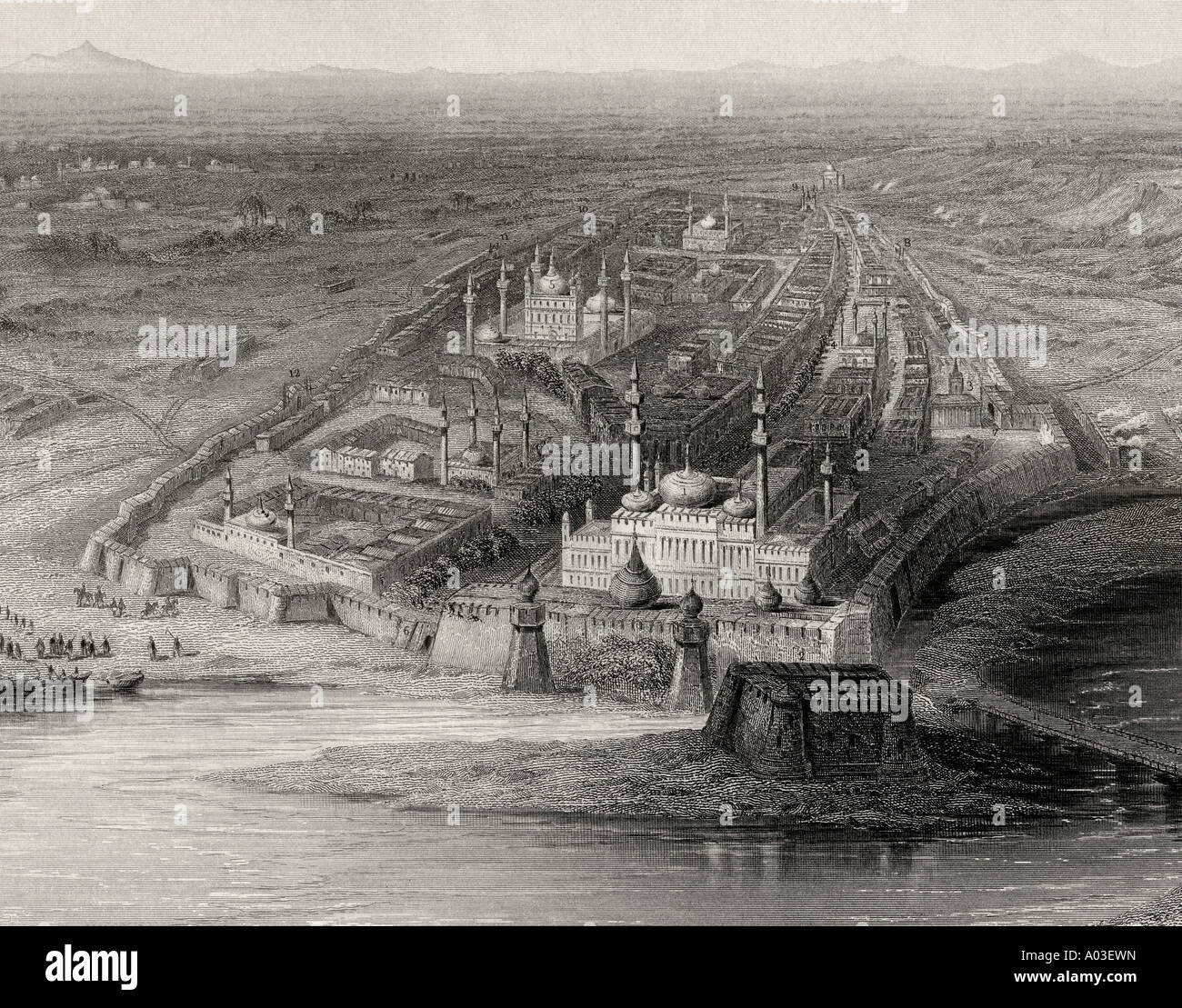 Vista panoramica su Nuova e Vecchia Delhi, India e la campagna circostante, da una stampa del 19th secolo. Foto Stock