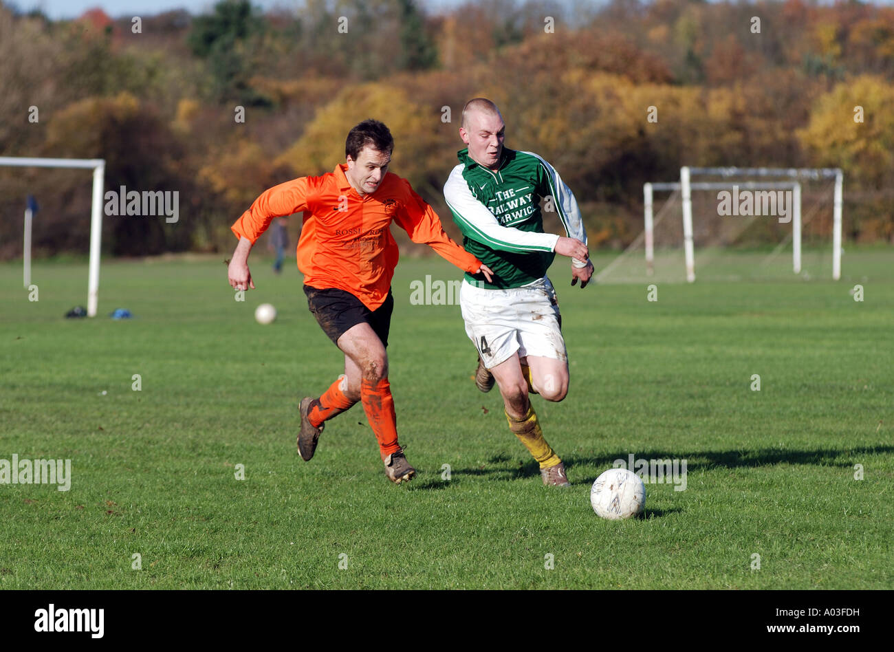 Domenica lega calcio, Newbold Comyn, Leamington Spa Warwickshire, Inghilterra, Regno Unito Foto Stock