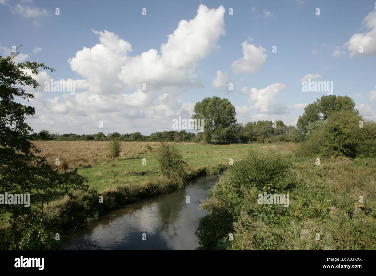 La pittoresca campagna di cotswold in una valle accanto al Fiume Windrush vicino a Bourton sull'acqua su una giornata d'estate. Foto Stock