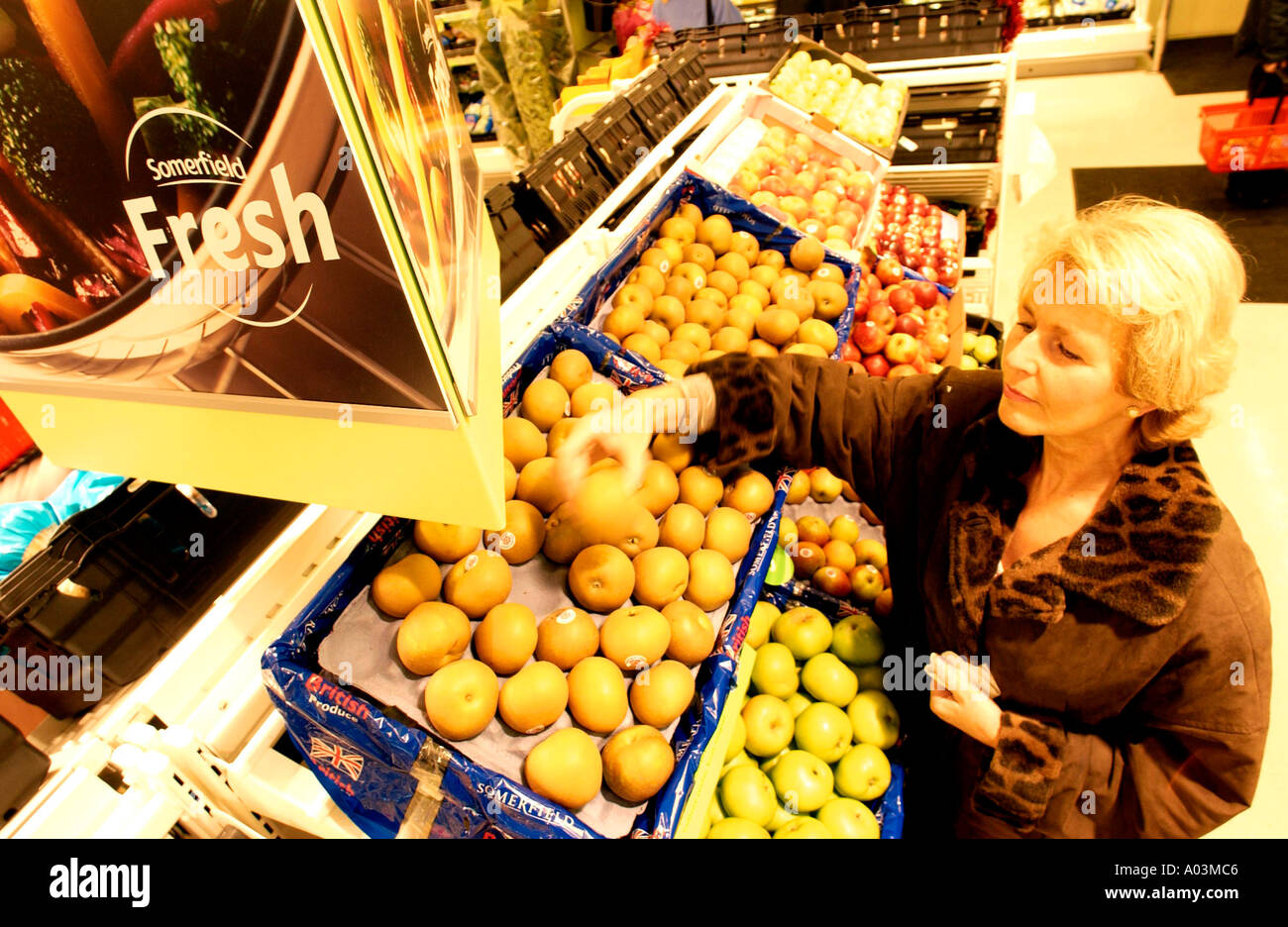 Somerfield supermercato frutta fresca display con shopper la scelta di produrre Foto Stock Somerfield supermercato frutta fresca display con shopper la scelta di produrre Foto Stock