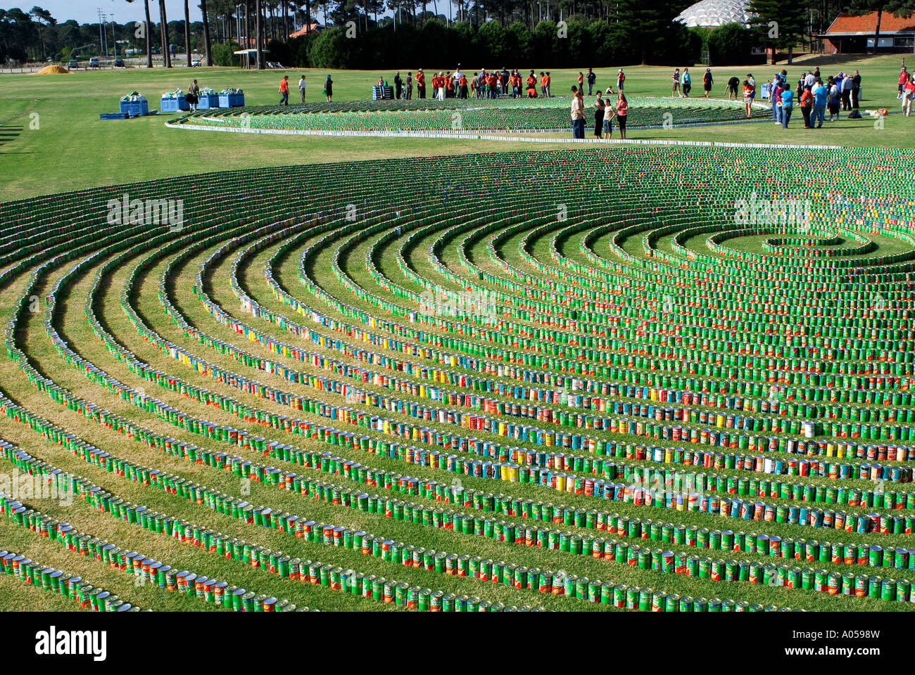 Oltre 69.000 lattine di fagioli disposti in un record del mondo in linea continua. Perth, Western Australia Foto Stock