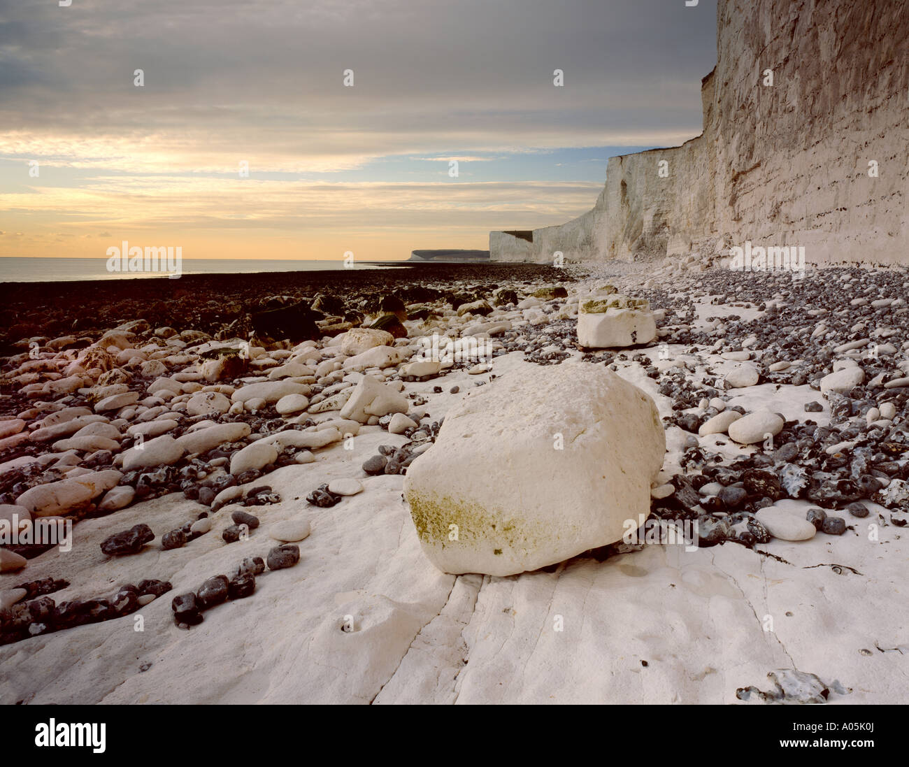 Tramonto a le Sette Sorelle, Birling Gap in East Sussex Foto Stock