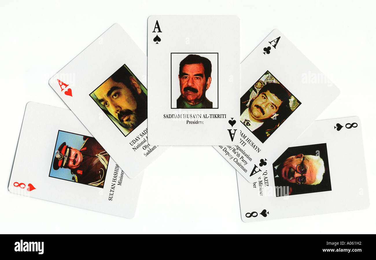 Carte da gioco sviluppate dagli Stati Uniti Agenzia di intelligence per la difesa per aiutare le truppe a identificare i membri più ricercati del governo del presidente Saddam Hussein Foto Stock