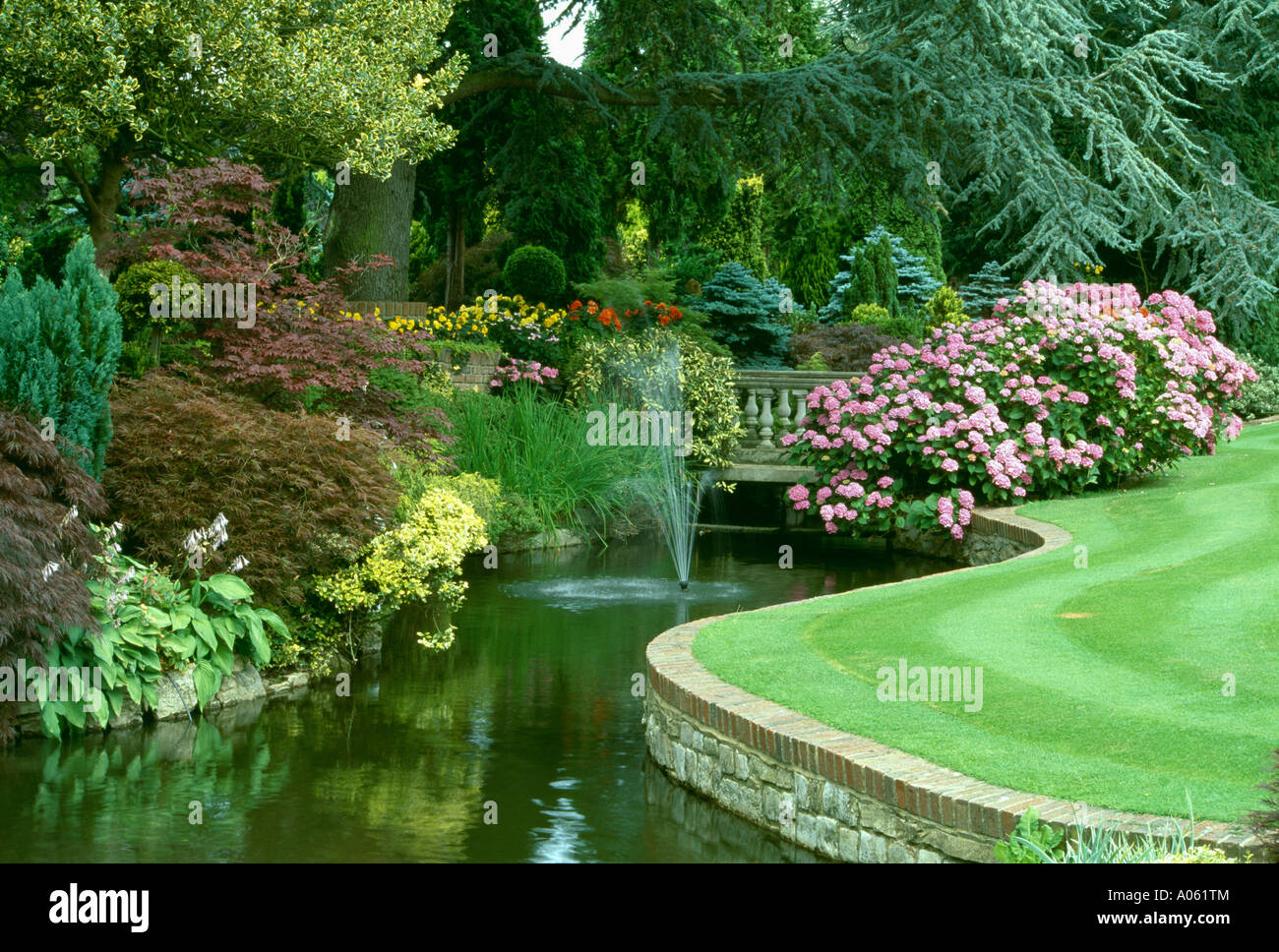 Fontana di acqua nella piscina delimitata da azalea colore rosa e arbusti accanto a prato falciato Foto Stock