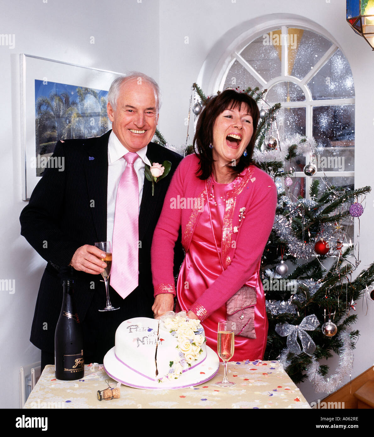 La celebrazione dei matrimoni il taglio della torta Foto Stock