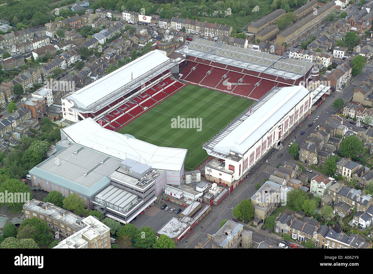 Vista aerea dell'Arsenal Football Club a Londra che mostra la Highbury Stadium casa dei Gunners o Gooners Foto Stock
