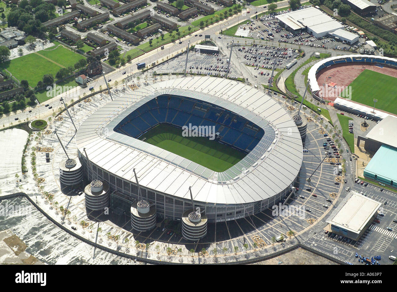 Vista aerea del Manchester City Football Club che giocano al City of Manchester Stadium. La squadra è conosciuta come città & The Blues Foto Stock