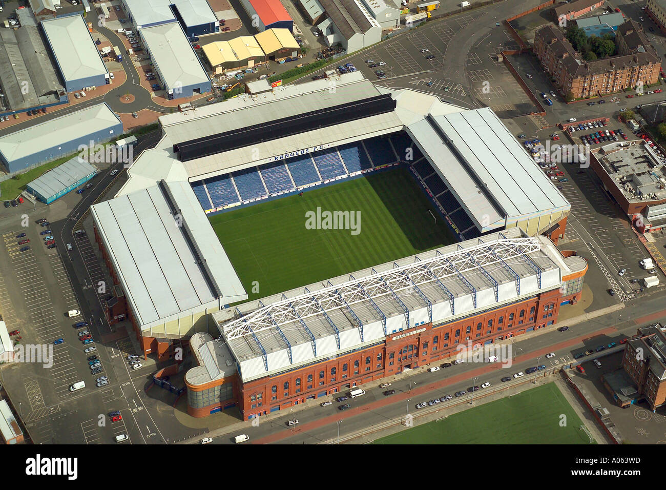 Vista aerea di Glasgow Rangers Football Club in Scozia. È anche noto come Ibrox Stadium, casa del Gers Foto Stock