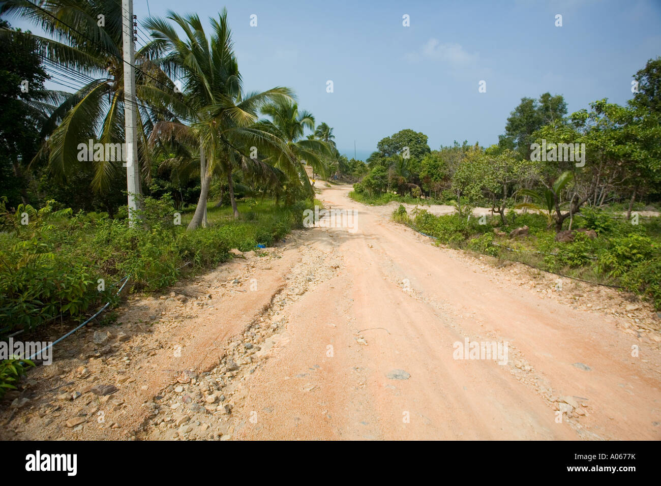 Pista sterrata vie di collegamento per backpackers in luoghi di villeggiatura di Ko Phangan,della Thailandia. Foto Stock