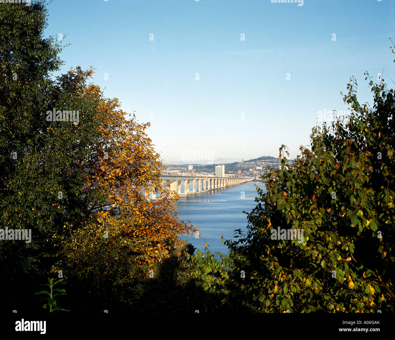Il Tay Road Br idge parzialmente oscurato da alberi come si allunga sul fiume Tay fluente attraverso Dundee con la città appena visibile oltre Foto Stock Il Tay Road Br idge parzialmente oscurato da alberi come si allunga sul fiume Tay fluente attraverso Dundee con la città appena visibile oltre Foto Stock
