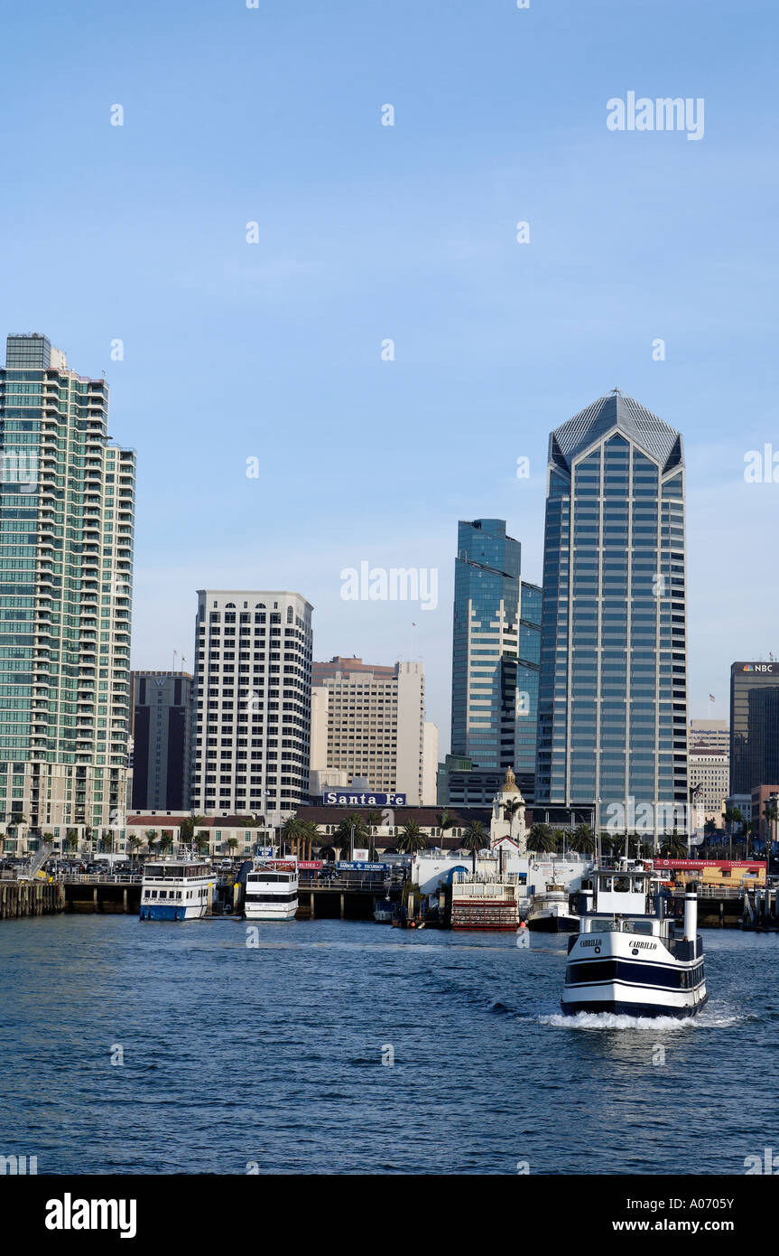 Un ritratto Photoraph di San Diego City, comprese le Sante Fe Depot e navi a vela presso il porto, California Foto Stock