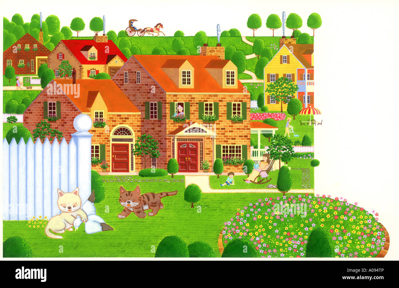 Illustrazione di due gatti nel giardino davanti a casa Foto Stock