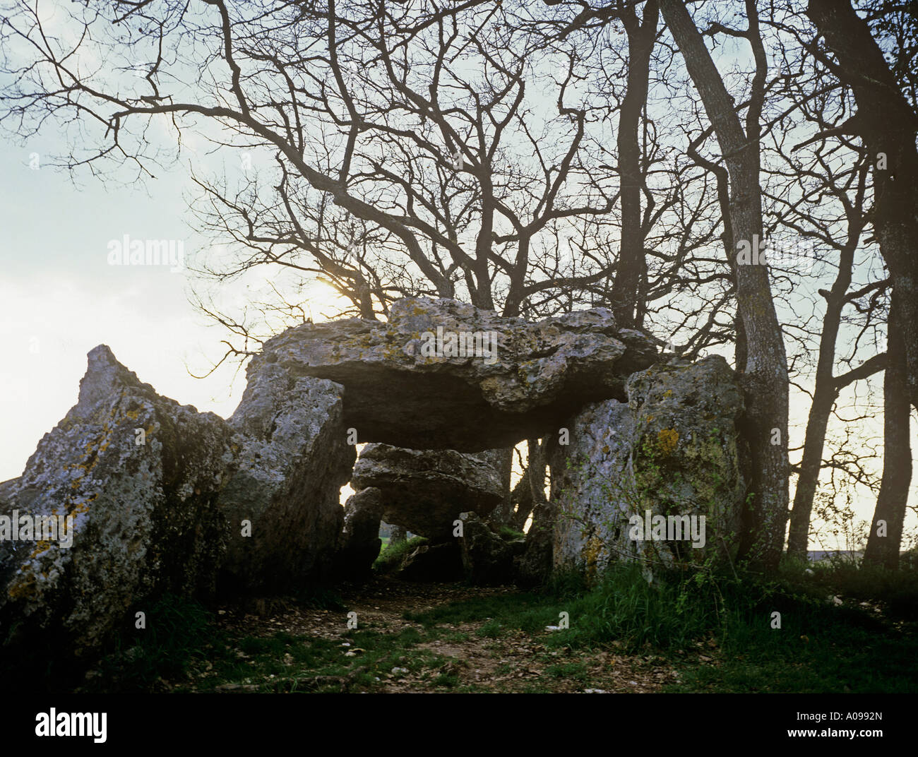 Alle Couverte de Blanc un piccolo dolmen nella cura della Società Archeologica del Périgord Foto Stock