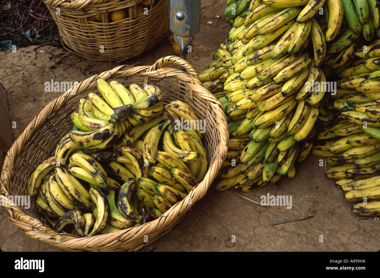 Banane portato dalla giungla in vendita in un mercato delle highland nel nord del Perù. Foto Stock