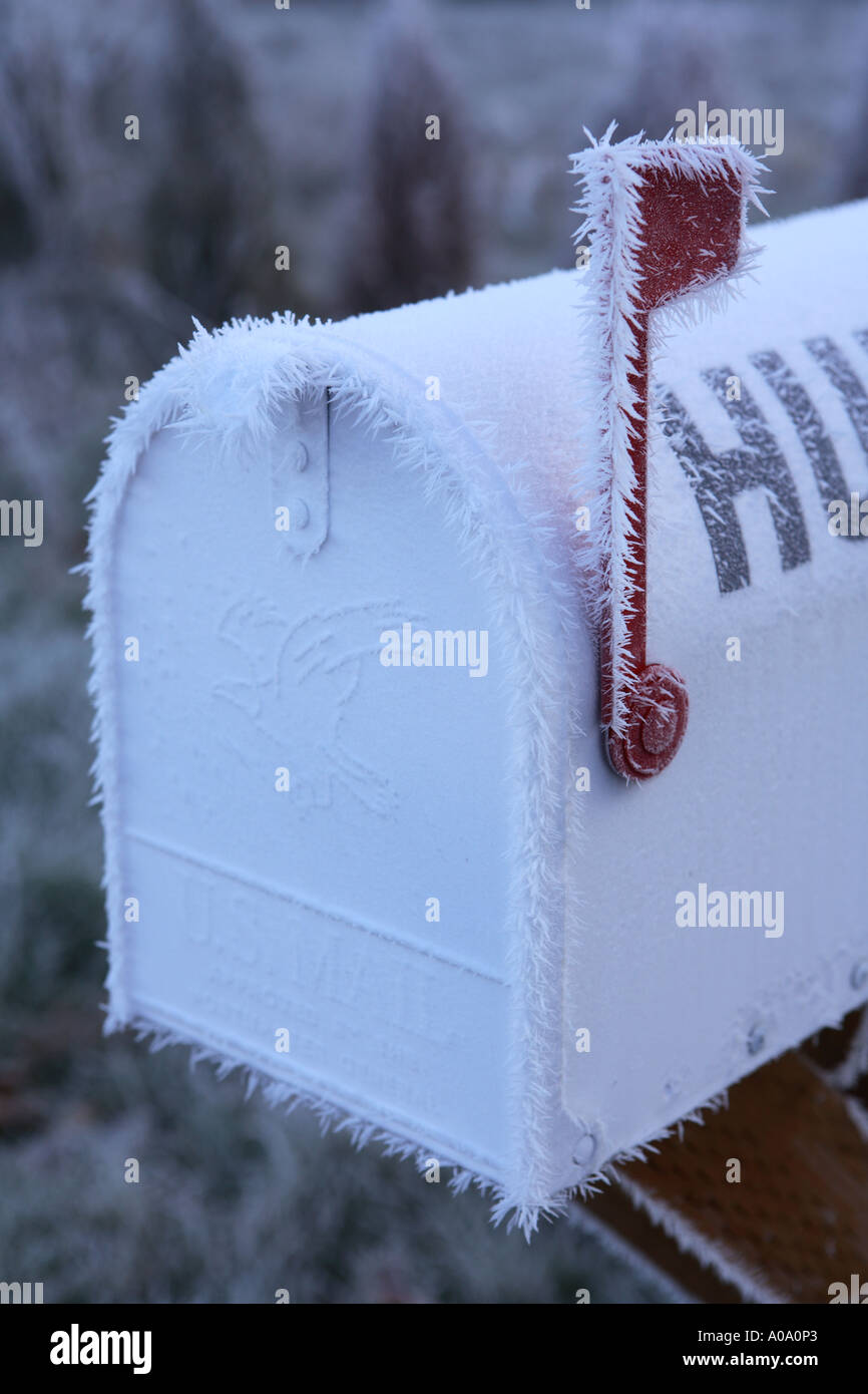 Coperto di brina mailbox su un freddo inverno mattina Foto Stock