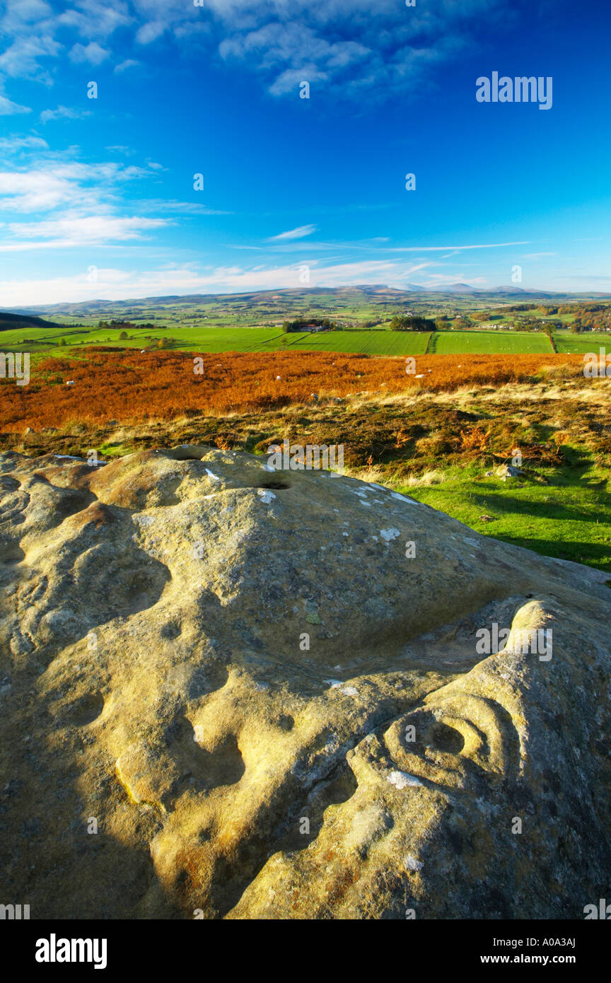 Inghilterra Northumberland Northumberland National Park Pre coppa storica e anello segna l arte rupestre su una pietra a Lordenshaw Foto Stock