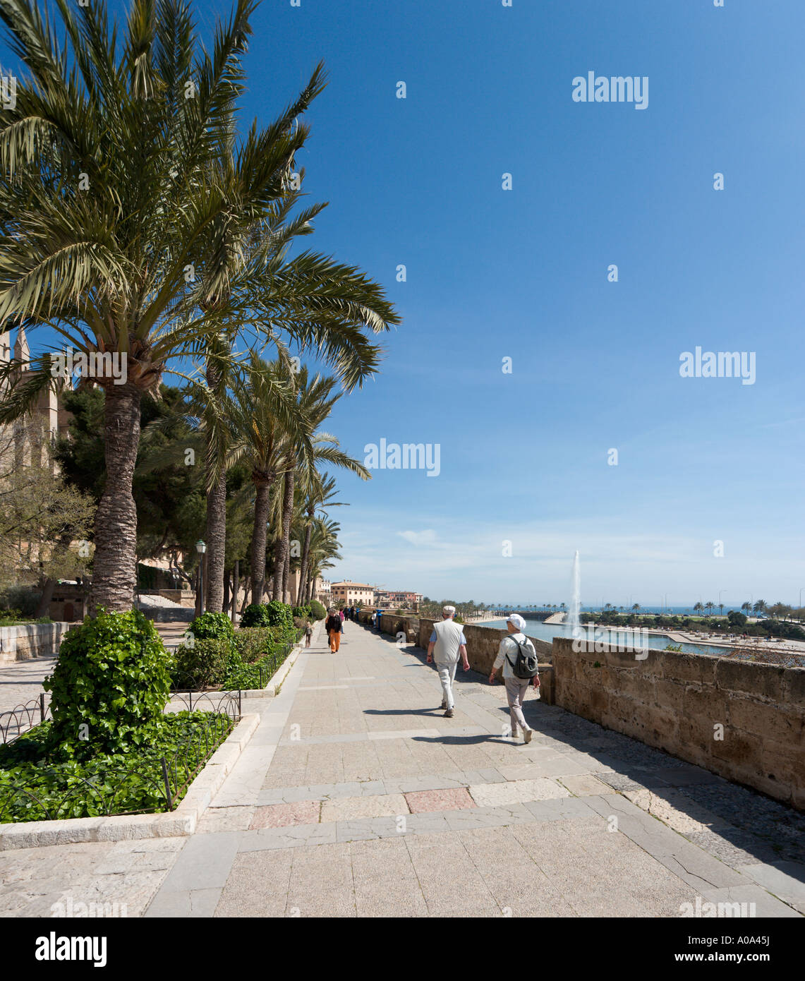 Passeggiata lungo le mura della città vecchia al di fuori della cattedrale e vicino al Parc de la Mar, Palma di Maiorca, isole Baleari, Spagna Foto Stock