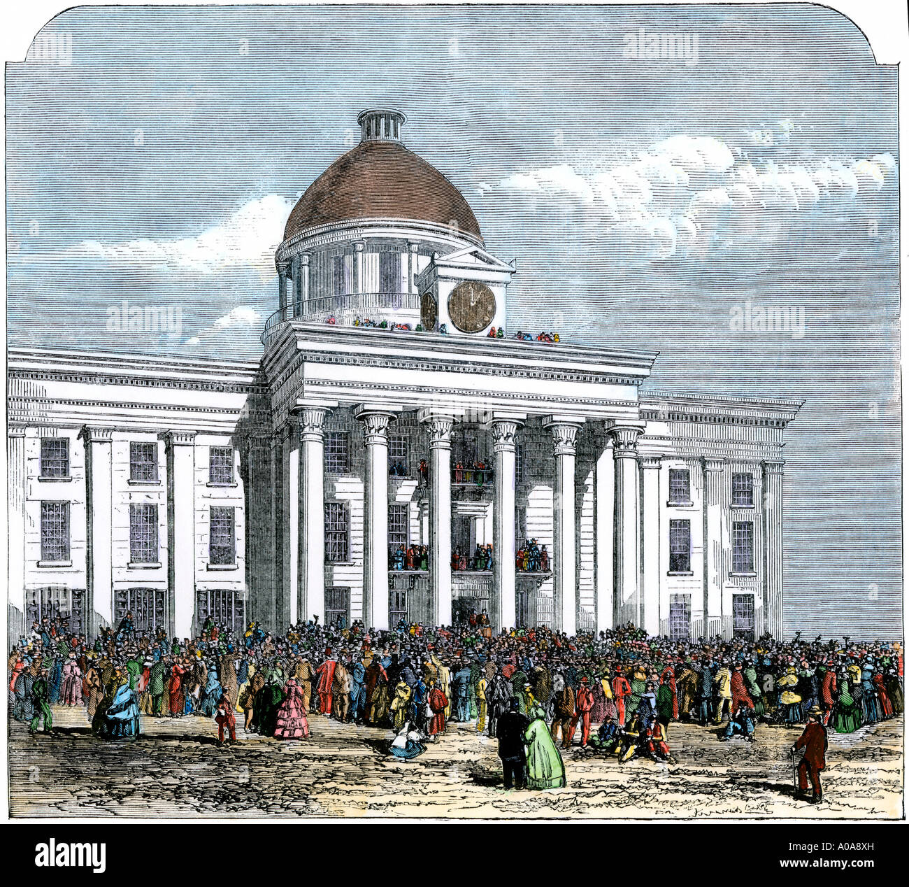 Jefferson Davis inaugurato come presidente degli Stati Confederati d'America nella Montgomery in Alabama State House in1861. Colorate a mano la xilografia Foto Stock
