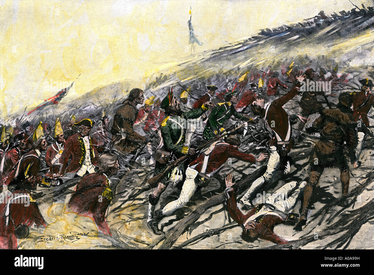 Jeffrey Amherst portando le truppe britanniche tenendo Fort Ticonderoga in la guerra di indiano e francese 1759. Colorate a mano di mezzitoni una illustrazione Foto Stock