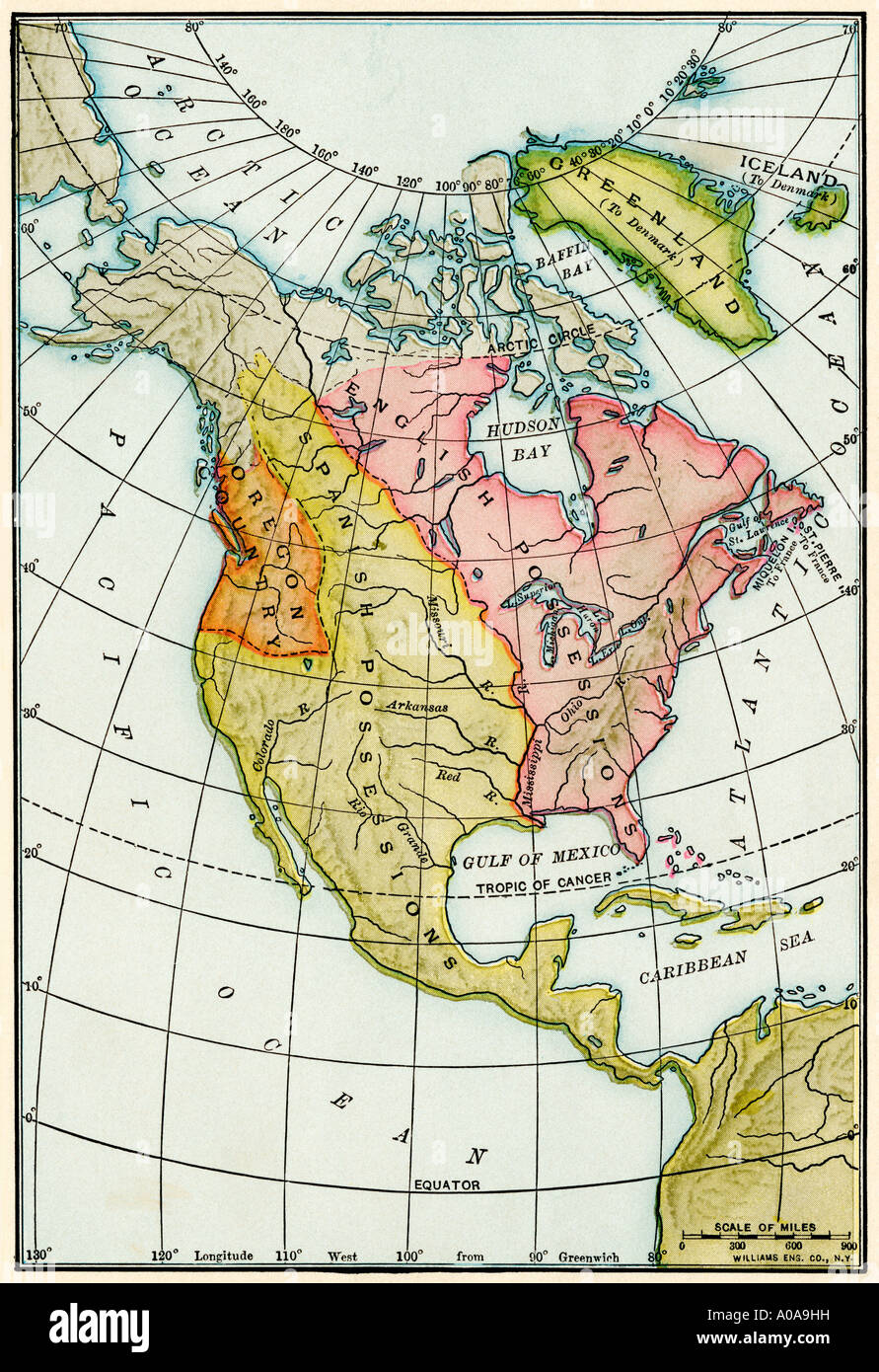 North American colonie al vicino di la guerra di indiano e francese 1760s. Litografia a colori Foto Stock