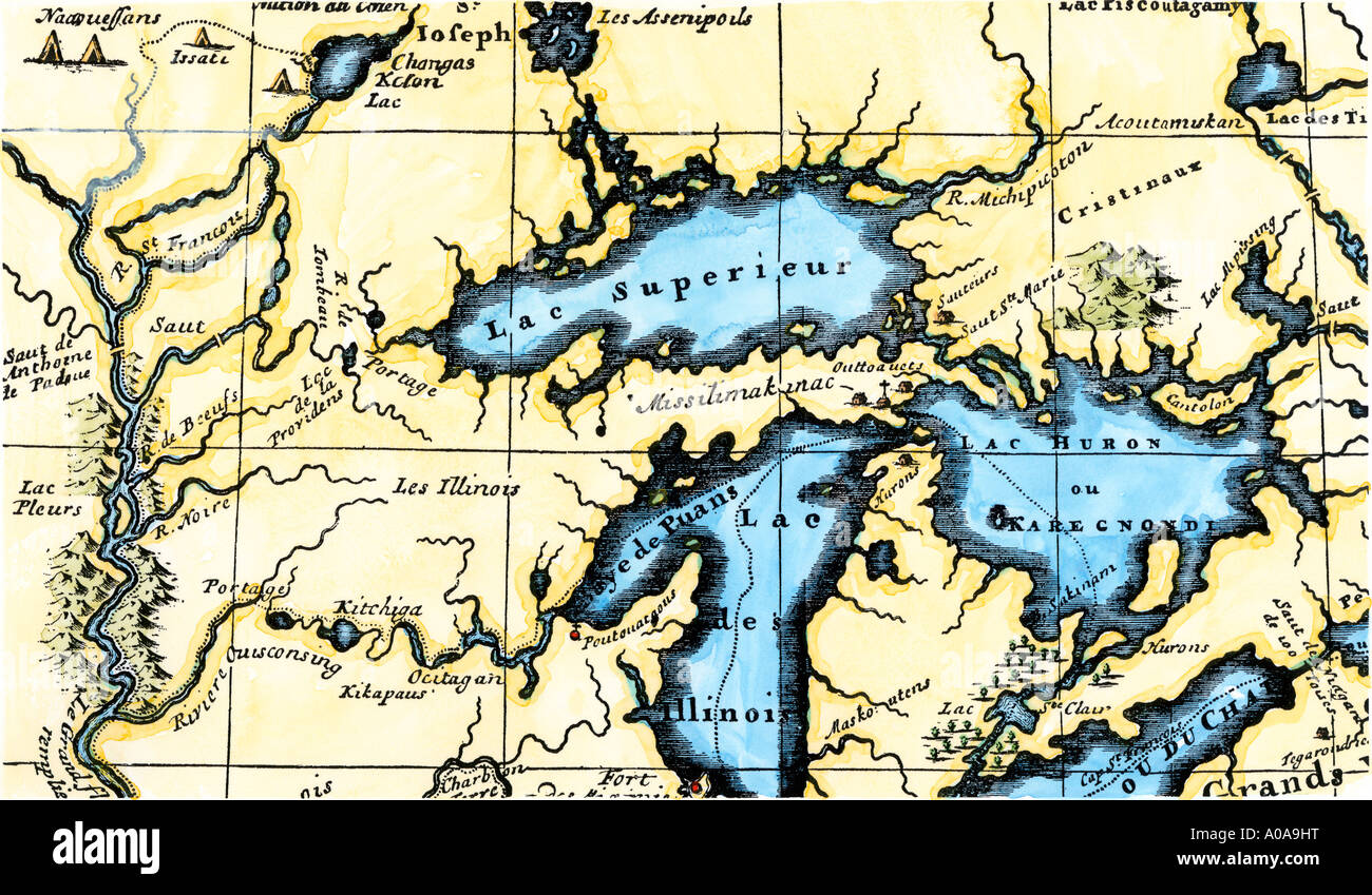 Mappa francese della regione dei Grandi Laghi e la parte superiore del fiume Mississippi regione circa 1700. Colorate a mano la xilografia Foto Stock