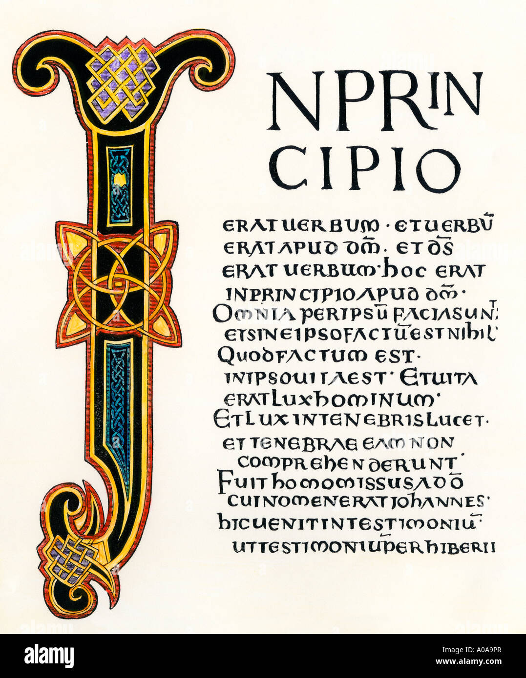 Pagina dal latino Vangeli data dal re Aethelstane alla Chiesa di Canterbury 900s annuncio. Colorate a mano la xilografia Foto Stock