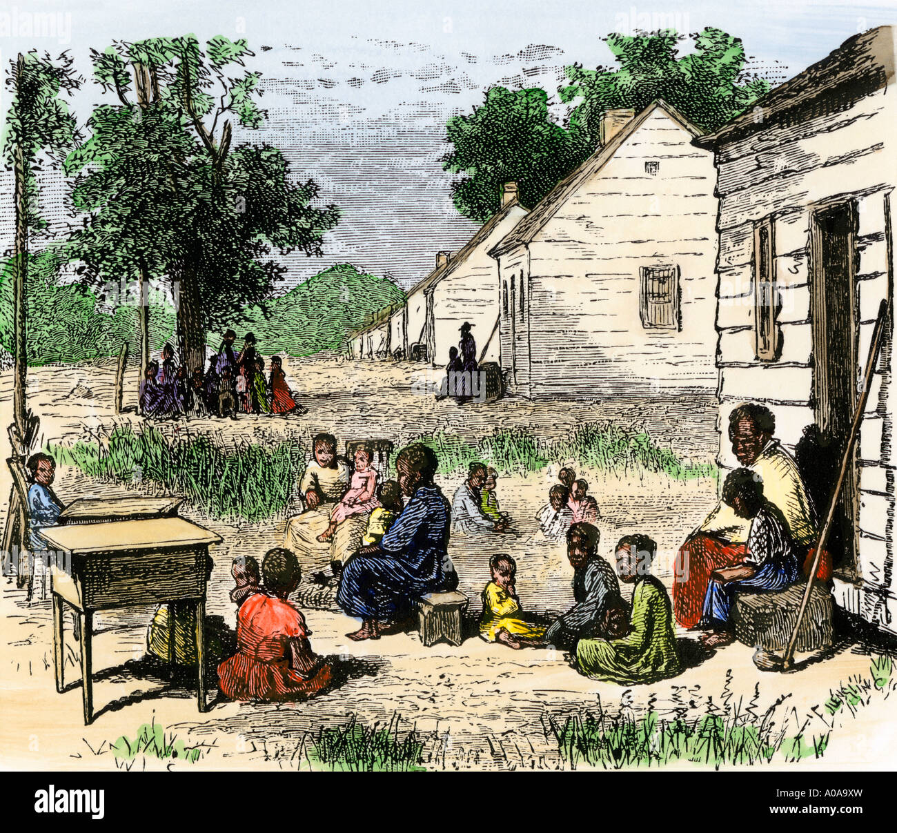 Fila di cabine slave su una piantagione del Sud 1800s. Colorate a mano la xilografia Foto Stock