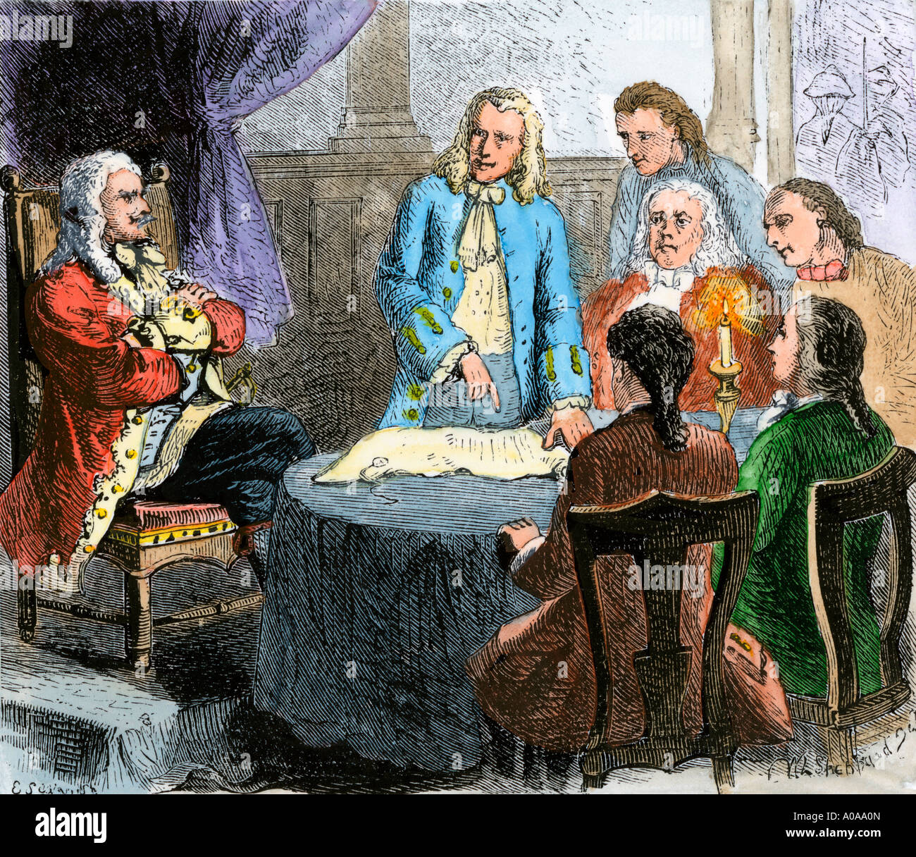I coloni di discutere la colonia del Connecticut carta con inglese King Charles II. Colorate a mano la xilografia Foto Stock