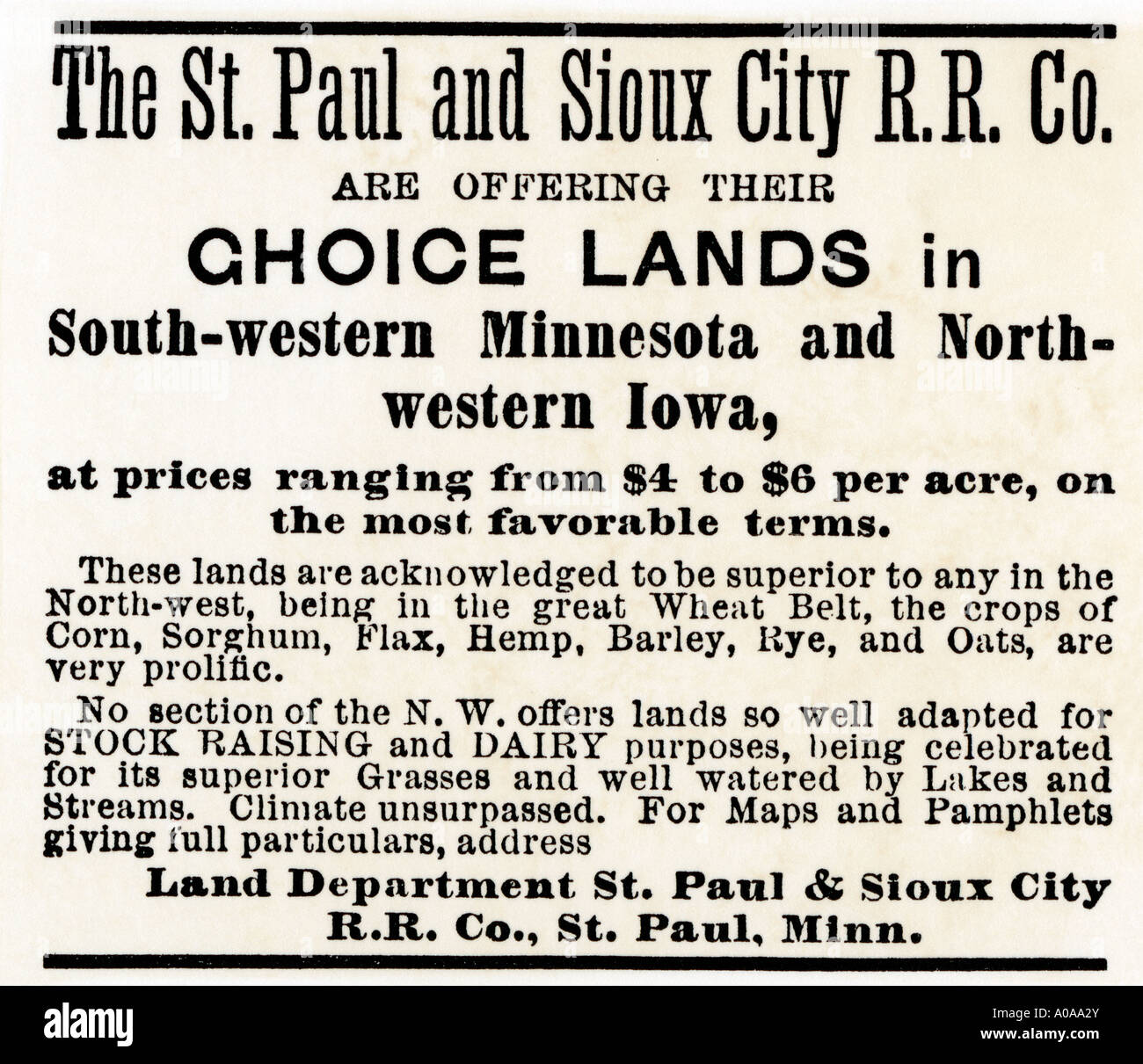 Terreni in Minnesota e Iowa annunciate da san Paolo Sioux City Railroad Company 1870s. Xilografia con un lavaggio ad acquerello Foto Stock