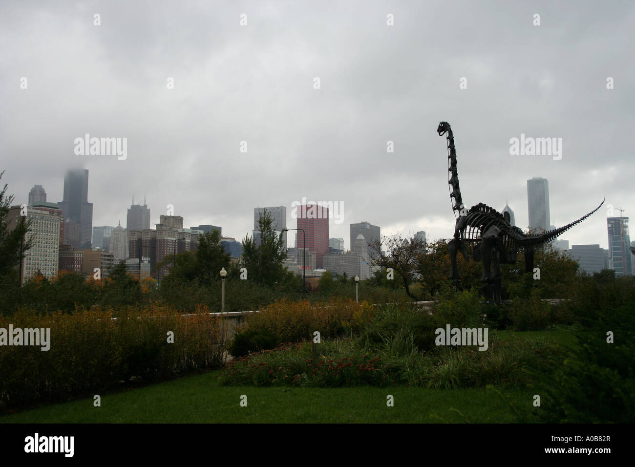 Scheletro di dinosauro al di fuori dei campi museo sullo skyline di Chicago Ottobre 2006 Foto Stock
