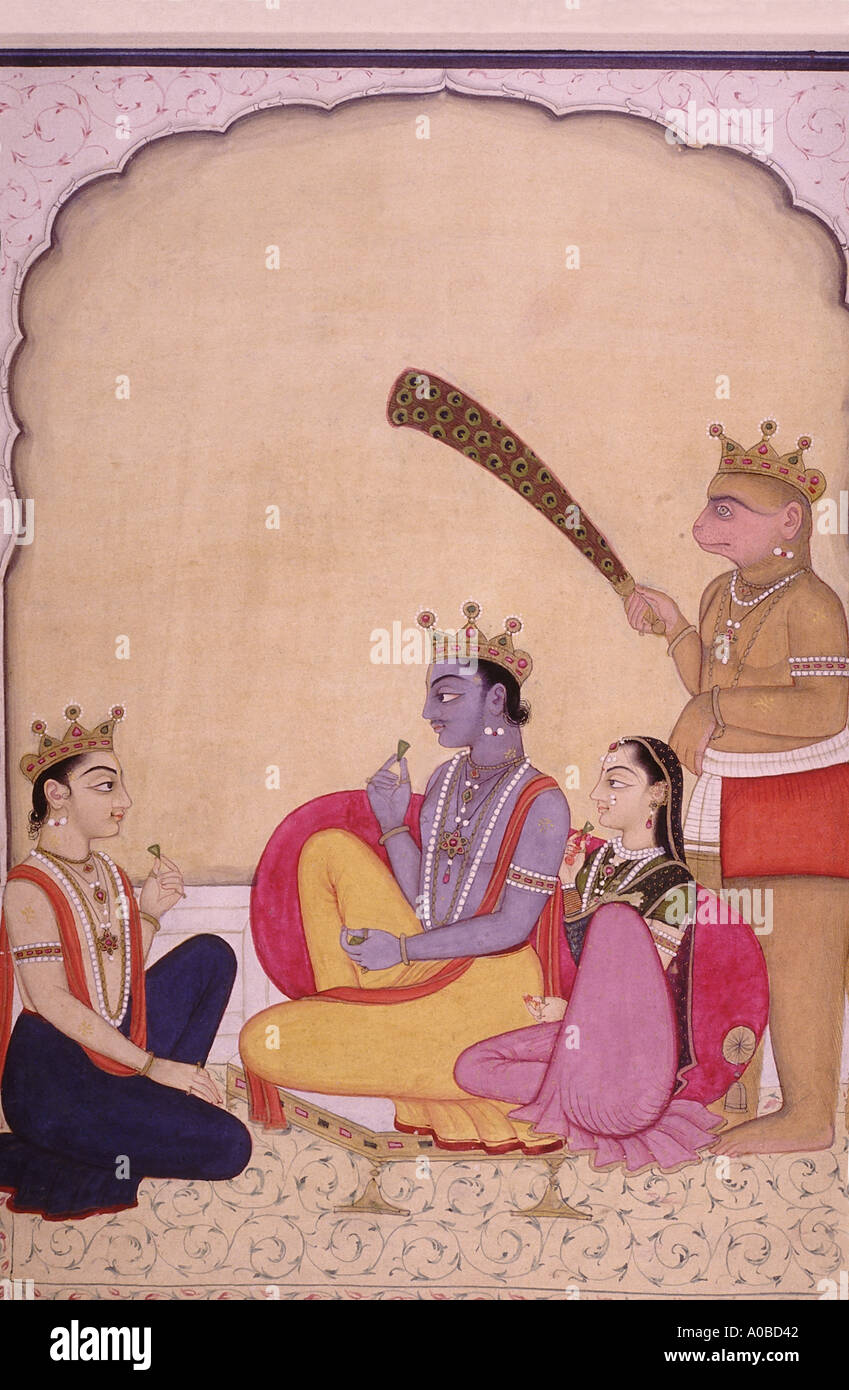 Rama, Sita Lakshmana e Hanuman. Pittura Pahari dall'Archer collezione. Data: 1765 A.D. Chamba, India. Foto Stock