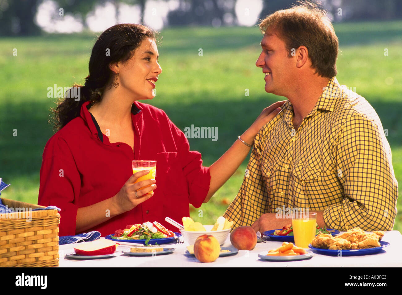 Giovane avente insieme picnic nel parco Foto Stock