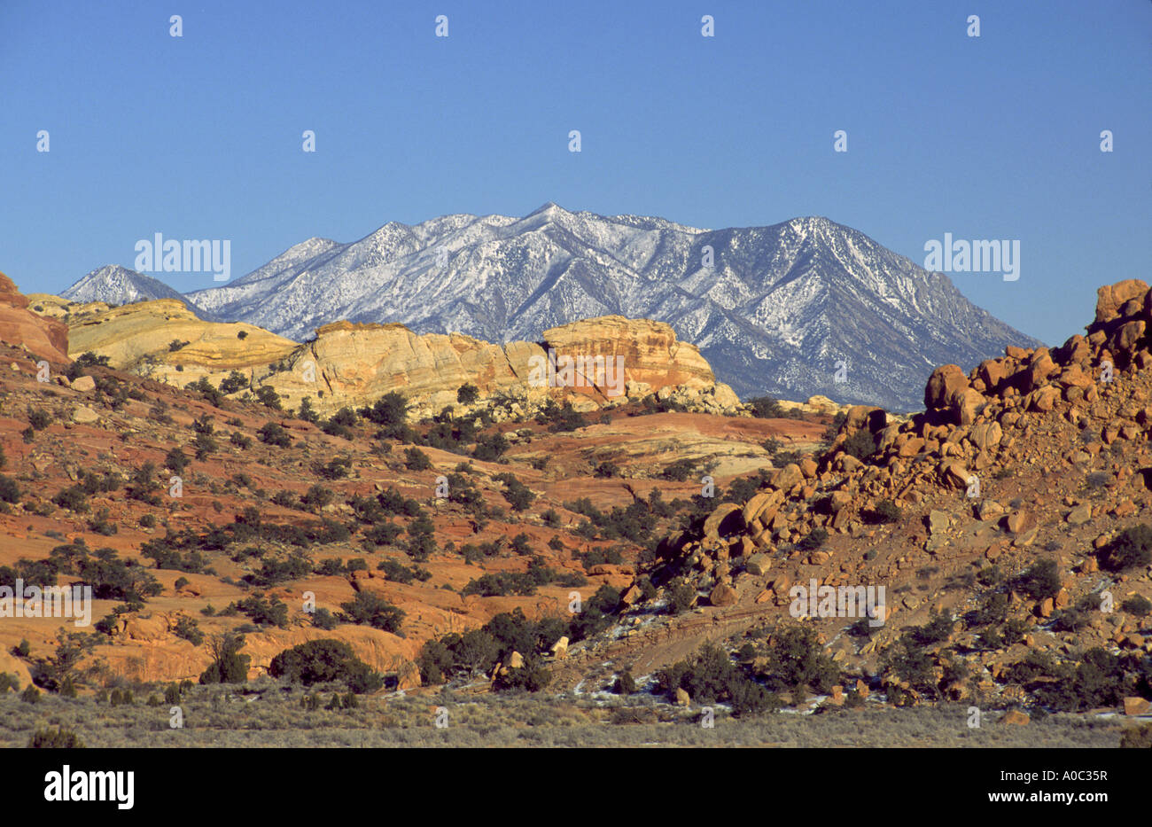 Henry Mountains da Burr Trail a Waterpocket Fold a Capitol Reef Nat Park, Utah, Stati Uniti d'America Foto Stock