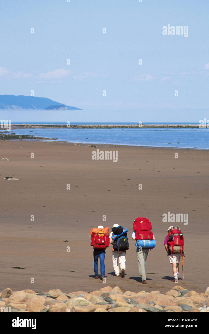 Immagine di stock di uomini escursioni a piedi lungo la spiaggia rocciosa di Fundy Trail tra St Martins e Fundy National Park Foto Stock