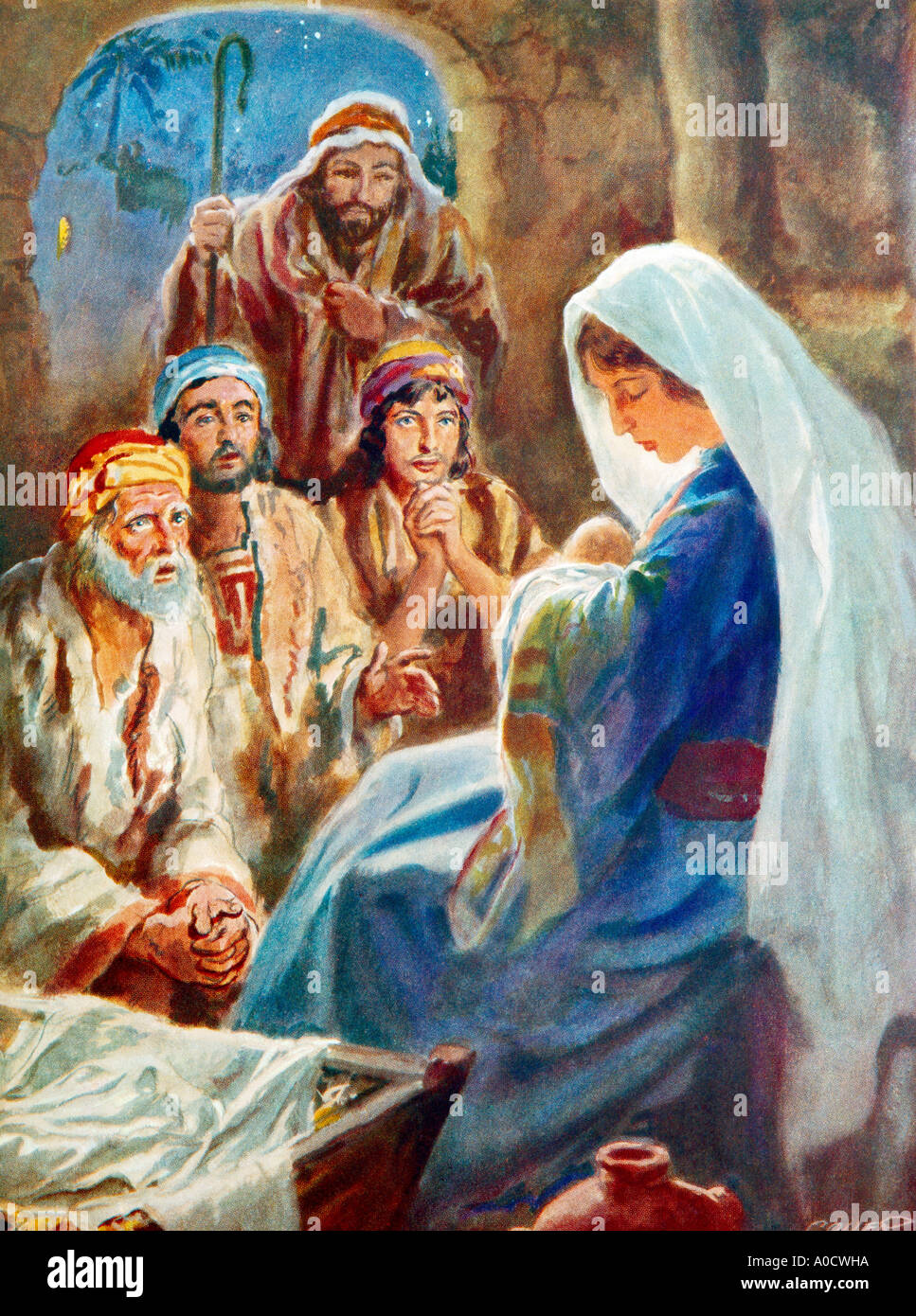 I Pastori vedere la Vergine Maria e Gesù Bambino dipinto da Henry Incolla racconto biblico Foto Stock
