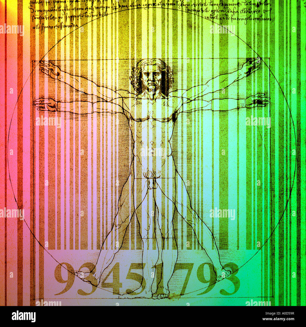 L'uomo vitruviano schizzo di Leonardo da Vinci miscelato su etichetta del codice a barre Foto Stock