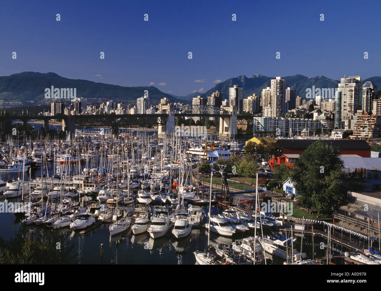 Vista della skyline e il Porto di Granville Island Vancouver BC Canada Foto Stock