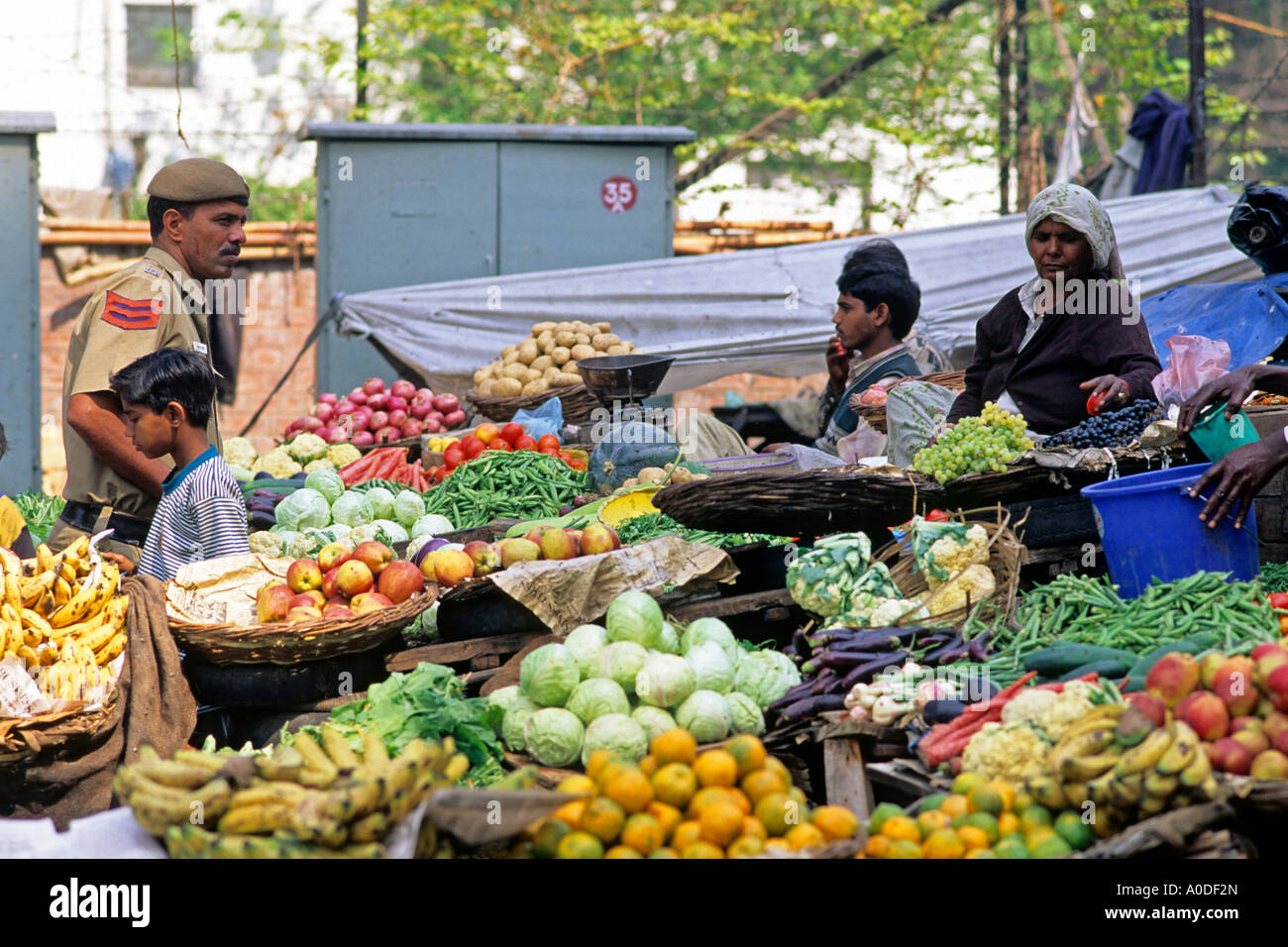 I venditori ambulanti che vendono frutta e verdura in New Delhi India Foto Stock