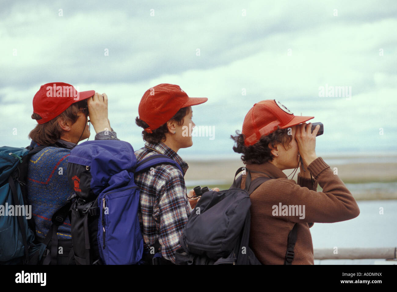 Tre donne con un binocolo guardando gli uccelli a Malheur National Wildlife Refuge Oregon Foto Stock