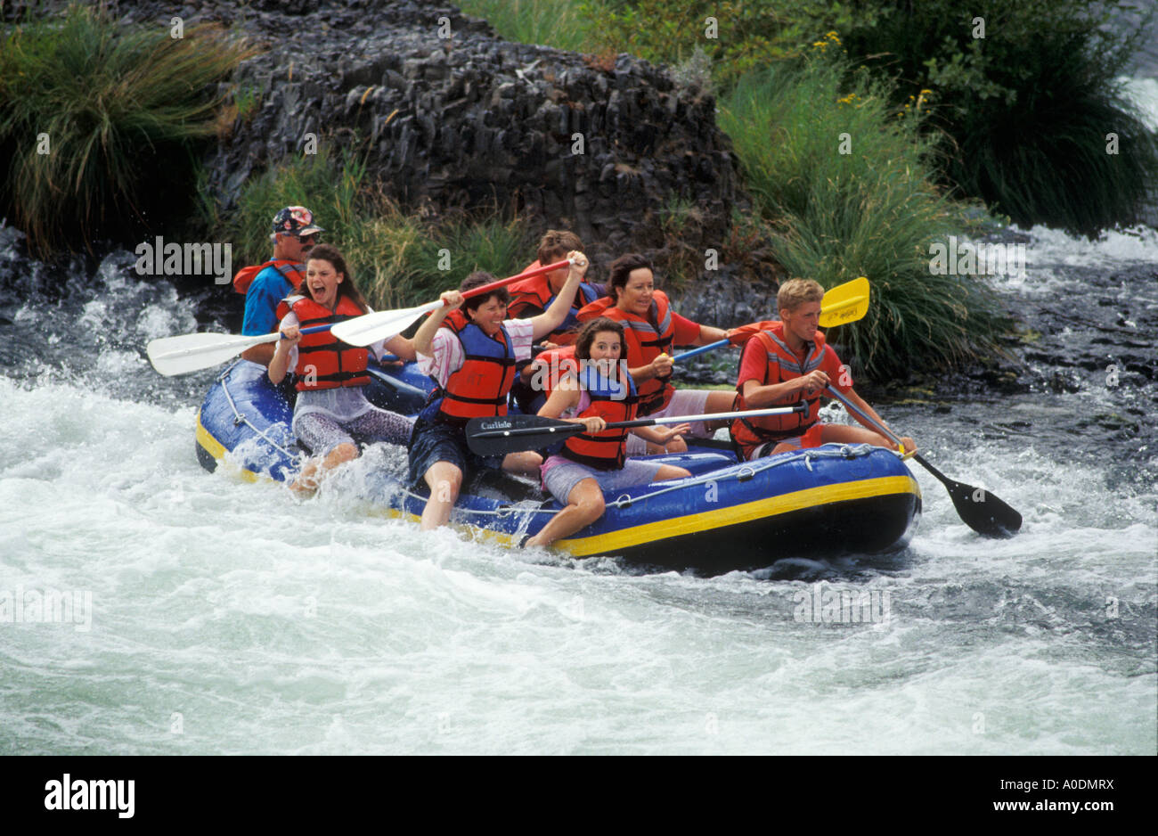 Whitewater Rafting a molle di quercia cade sul fiume Deschutes vicino Maupin Oregon Foto Stock