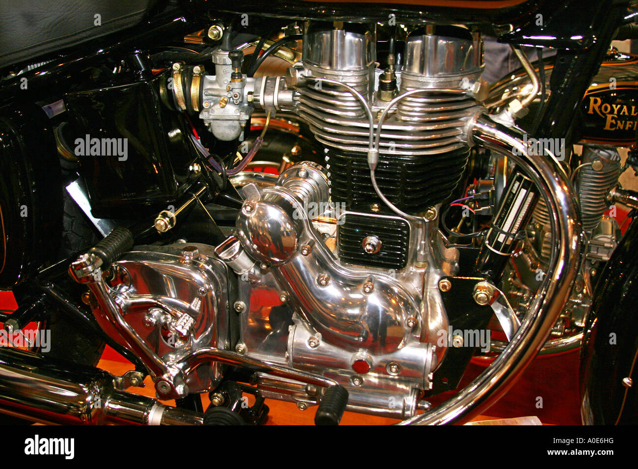 Chiudere shot di vintage Royal Enfield motore del motociclo. Foto Stock