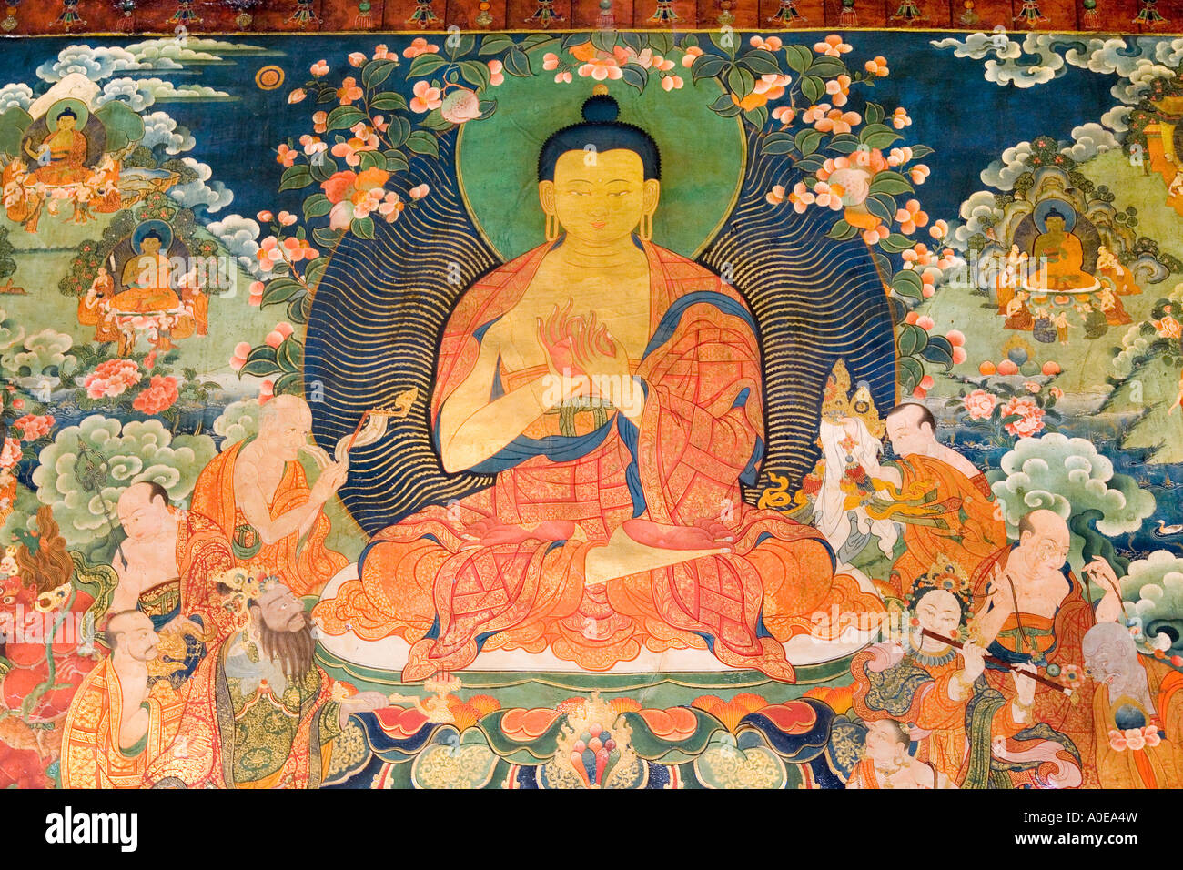 Squisito parete buddista pittura presso il tempio del Jokhang Lhasa Foto Stock